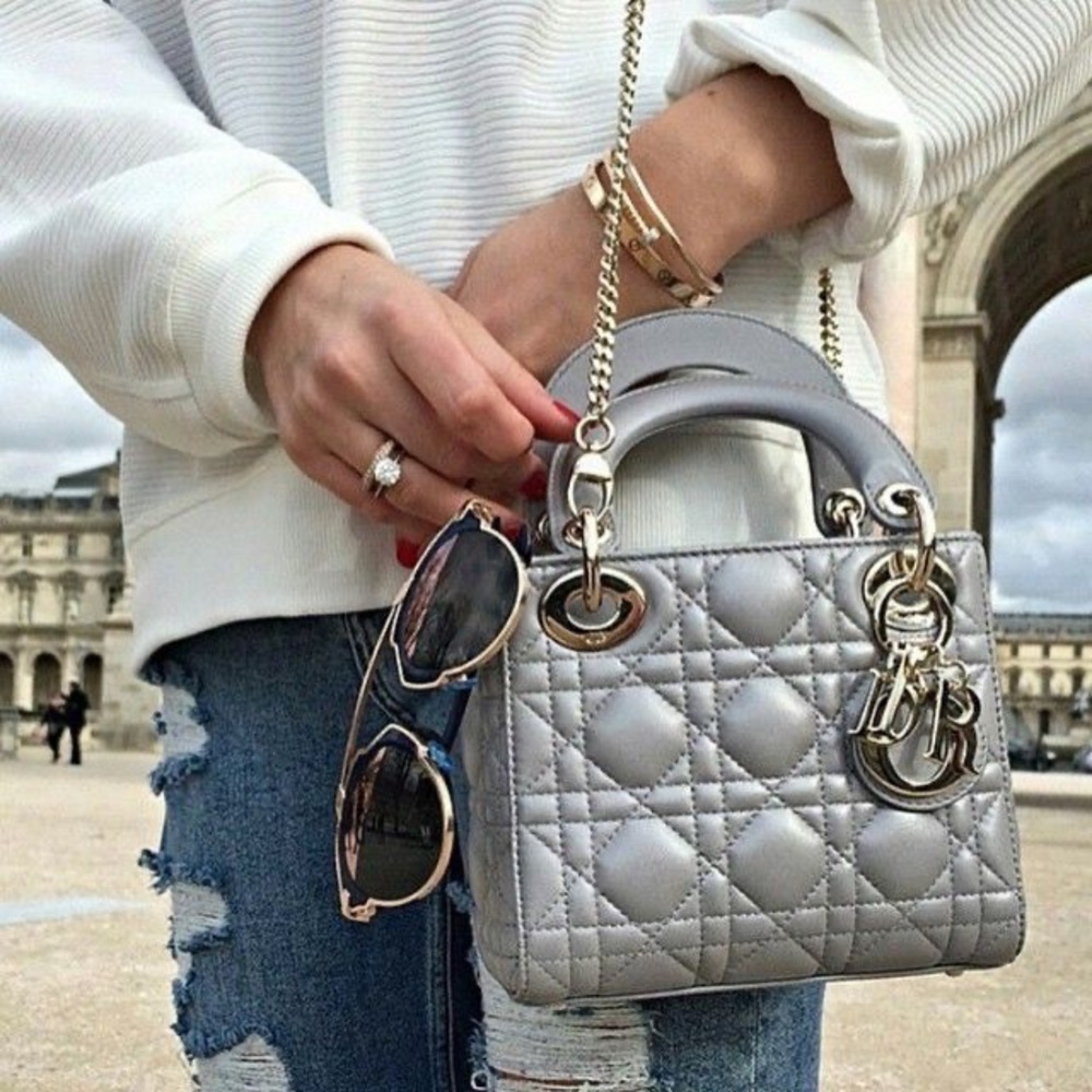 SOLD Christian Dior Mini Lady Dior Bag Quilt Lambskin Grey Metallic &Twilly